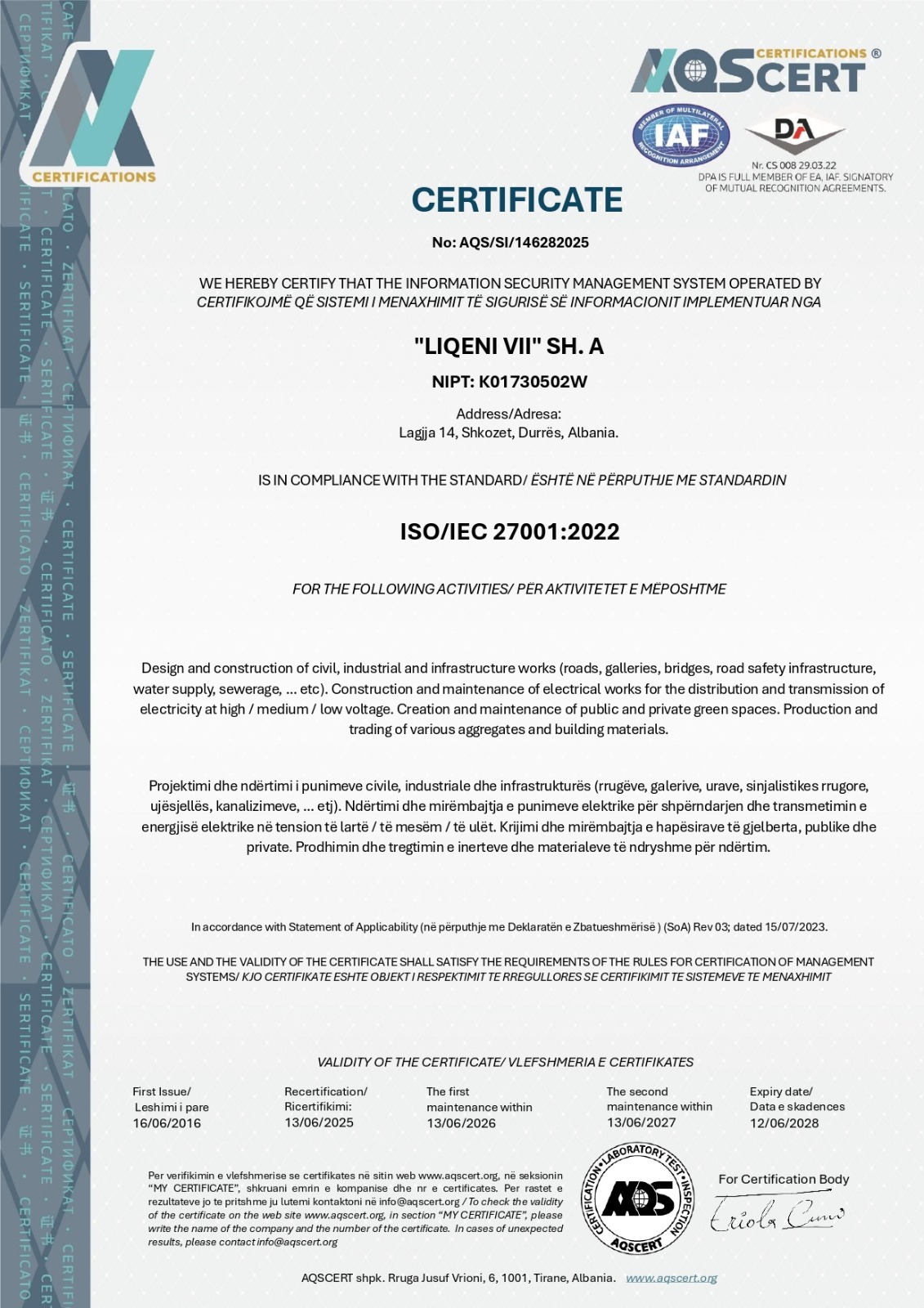 Certifikatë ISO